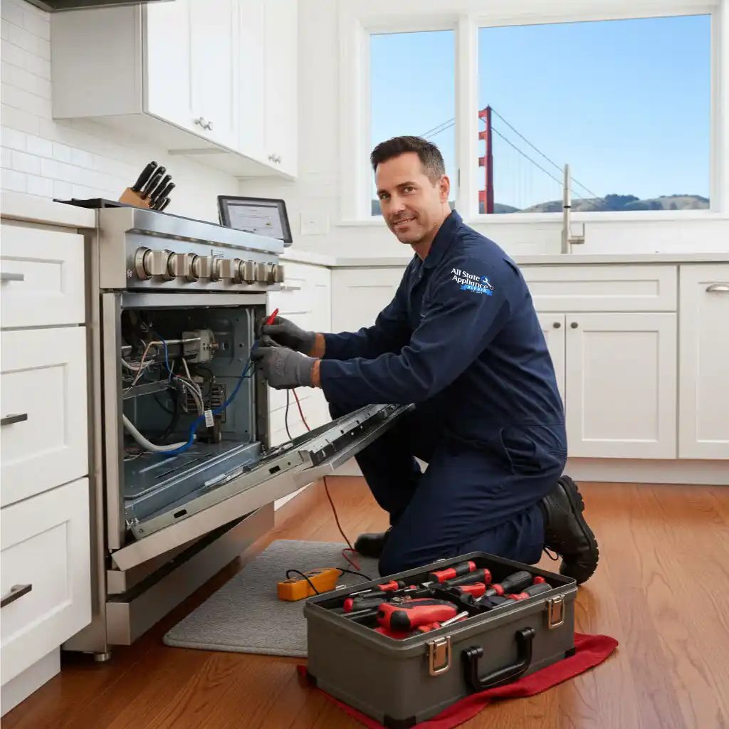 Technician kneeling at an open range with a tool case in a bright kitchen